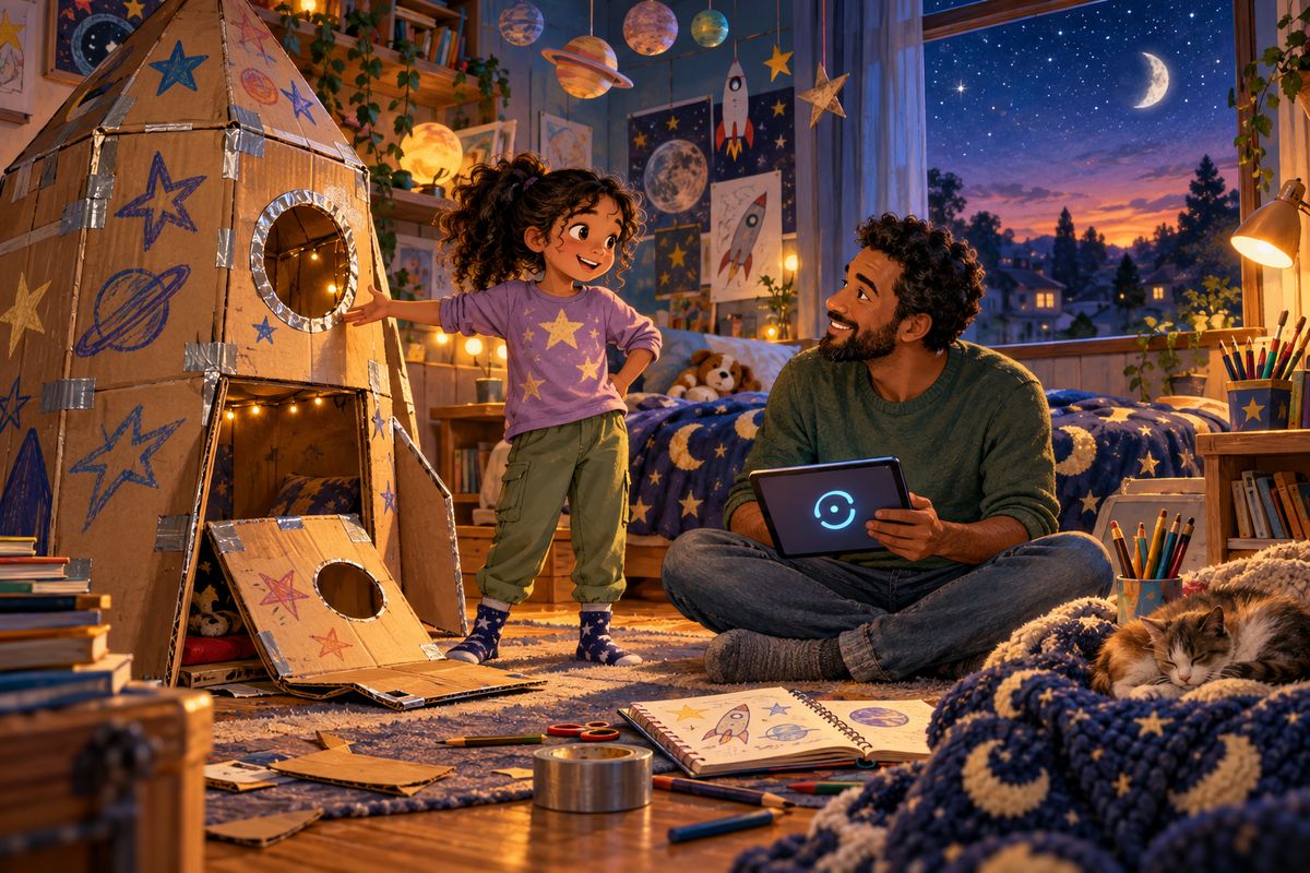 Maya and her father explore a cardboard spacecraft in a warm, star-filled room